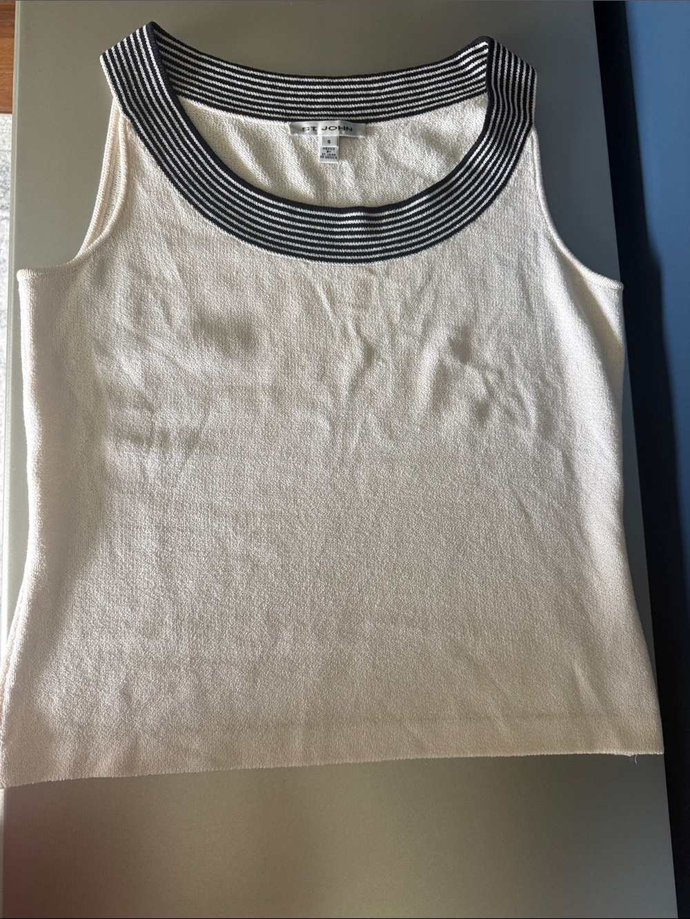 St. John Cream Tank with Black Striped Scoop Neckline